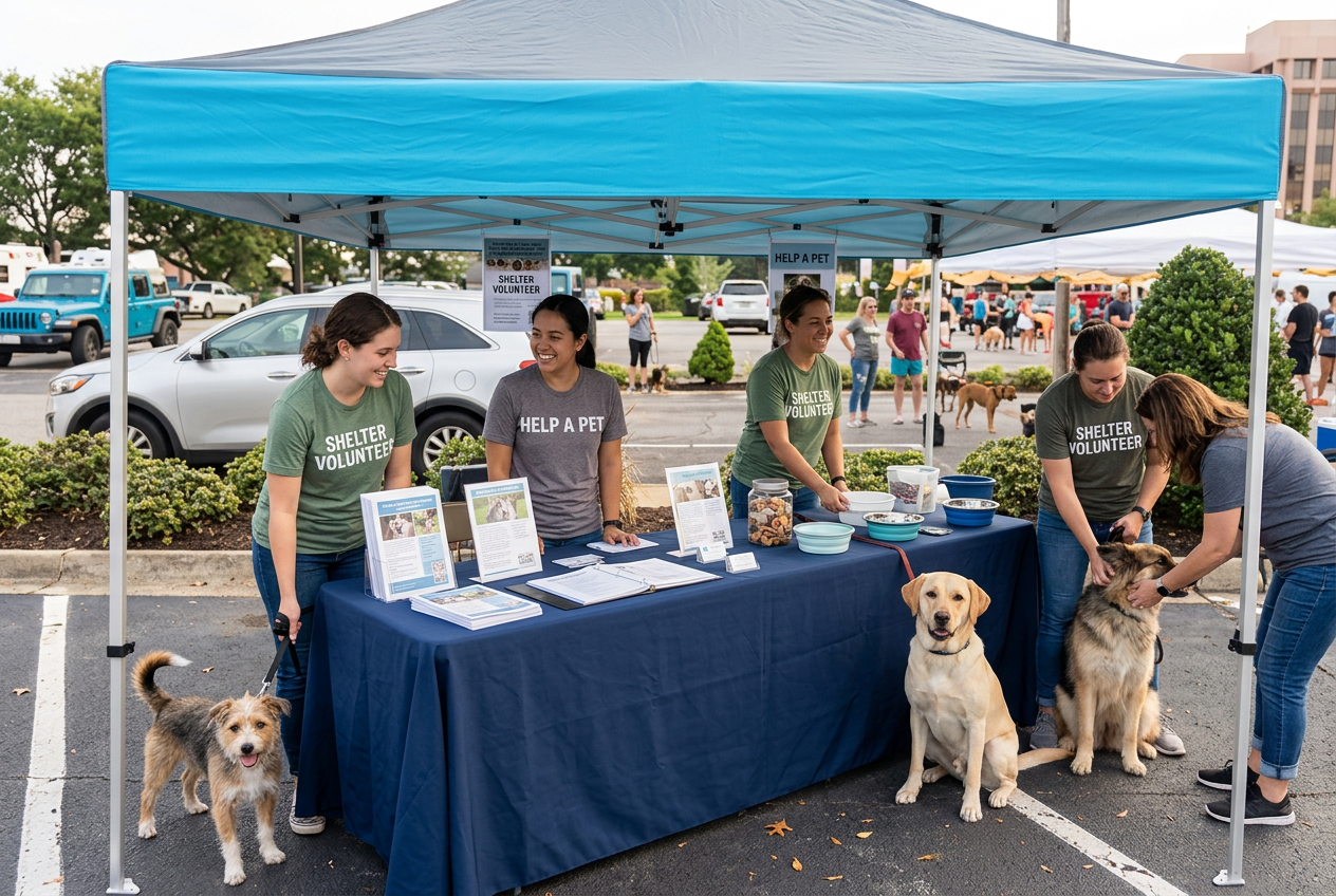 Shelter volunteers at an outdoor IronPooch event booth with adoptable dogs on leashes